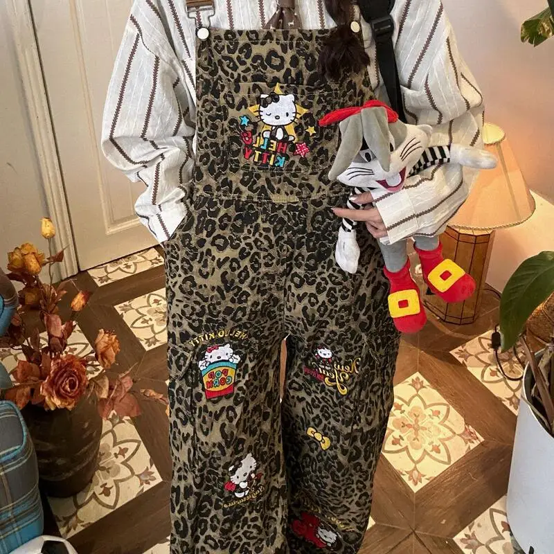 

Retro Street Cargo Jeans Hip-Hop Punk Handsome Loose Leopard Print Overalls Spring and Autumn New Multi-Pocket Pants for Women