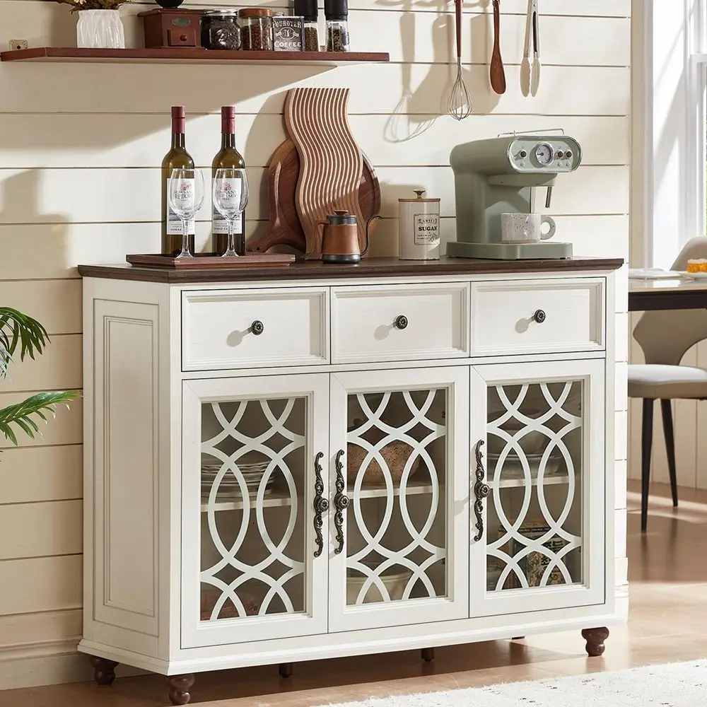 

Farmhouse Sideboard Buffet Cabinet with Storage,48 Large Credenza with 3 Glass Doors amp 3 Drawers,Adjustable Shelves Console Ta