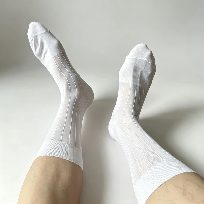 Mens TNT Mid Calf Socks Men Solid Colors Business Socks Man Breathable Wide Stripe Sheer Nylon Large Size Gentlemen Dress Socks view 4