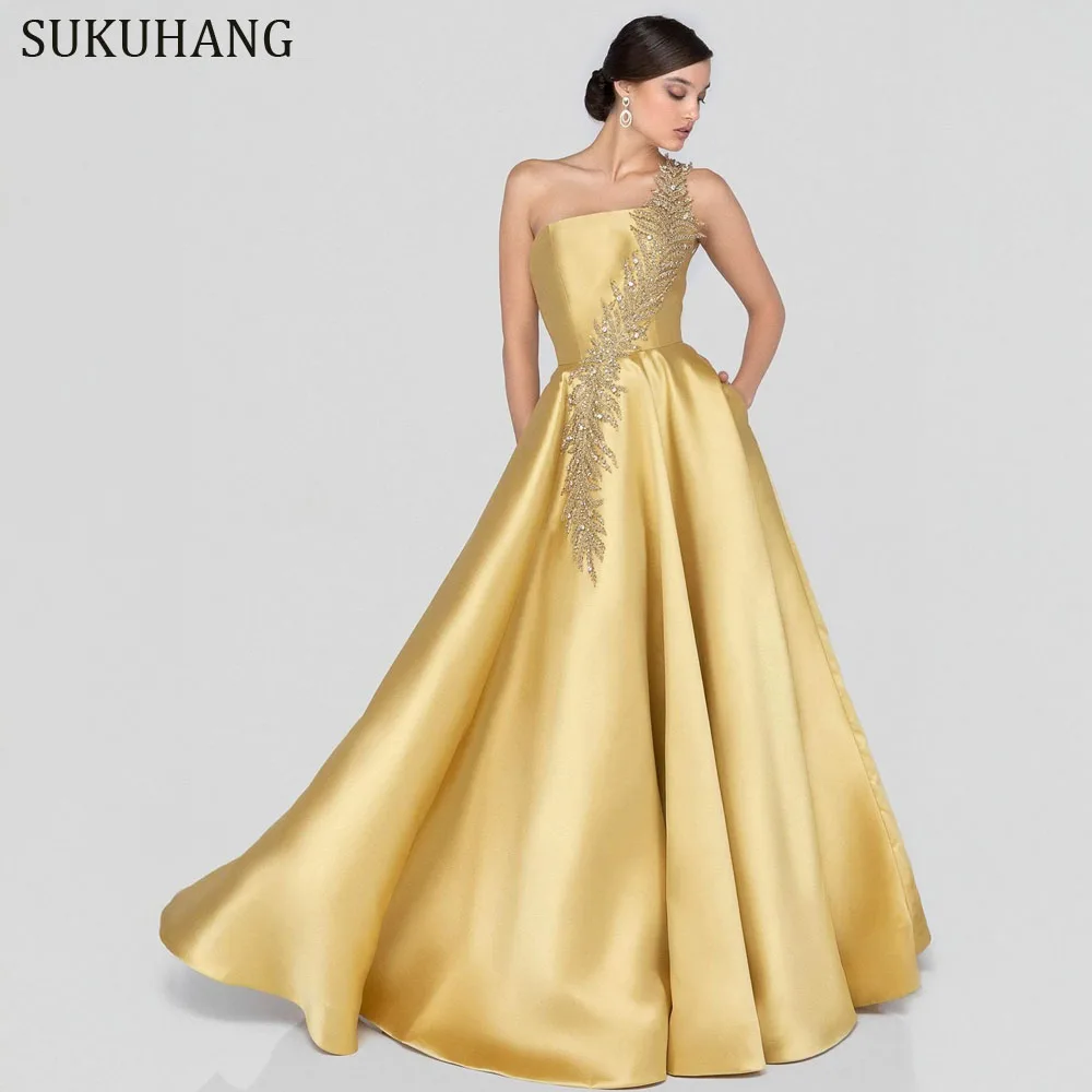 

SUKUHANG Elegant One Shoulder Evening Dress with Beaded Satin Floor Length Prom Women Dress for Party Customized
