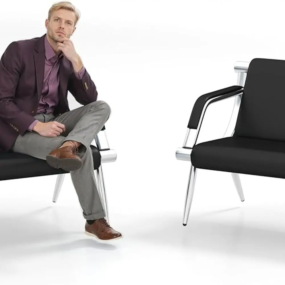 

2-Seat Office Waiting Room Chairs - Modern Guest Reception Seating for Salon, Barber, Bank, and Airport in Black PU Leather