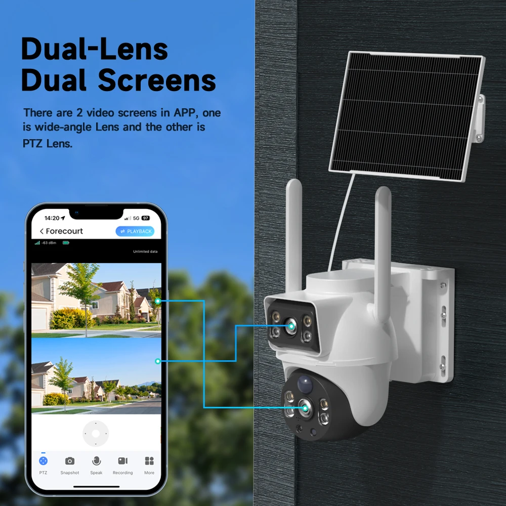 WiFi Solar Camera Dual Lenses Outdoor 8MP 4K Low Power Battery IP Camera PIR Night Vision V380 Pro CCTV Security Camera