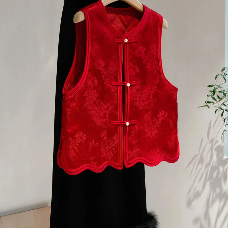 

Chinese Red Sleeveless Vest Frog Button Satin Jacket Jacquard Vintage Coat Women New Year Tank Tops Autumn Winter