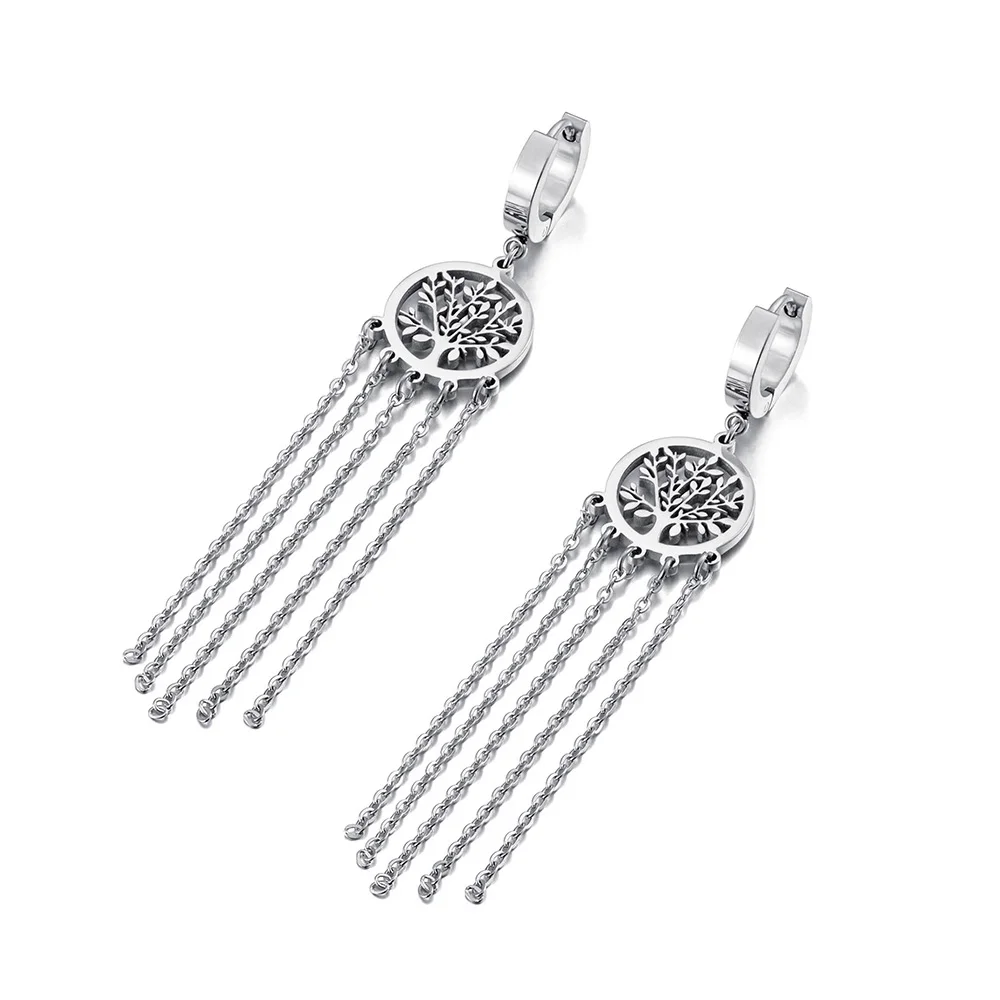Lokaer Stainless Steel Life Tree Plant Tassel Hoop Earrings For Women Waterproof PVD Gold Plated Trendy Statement Jewelry E23233
