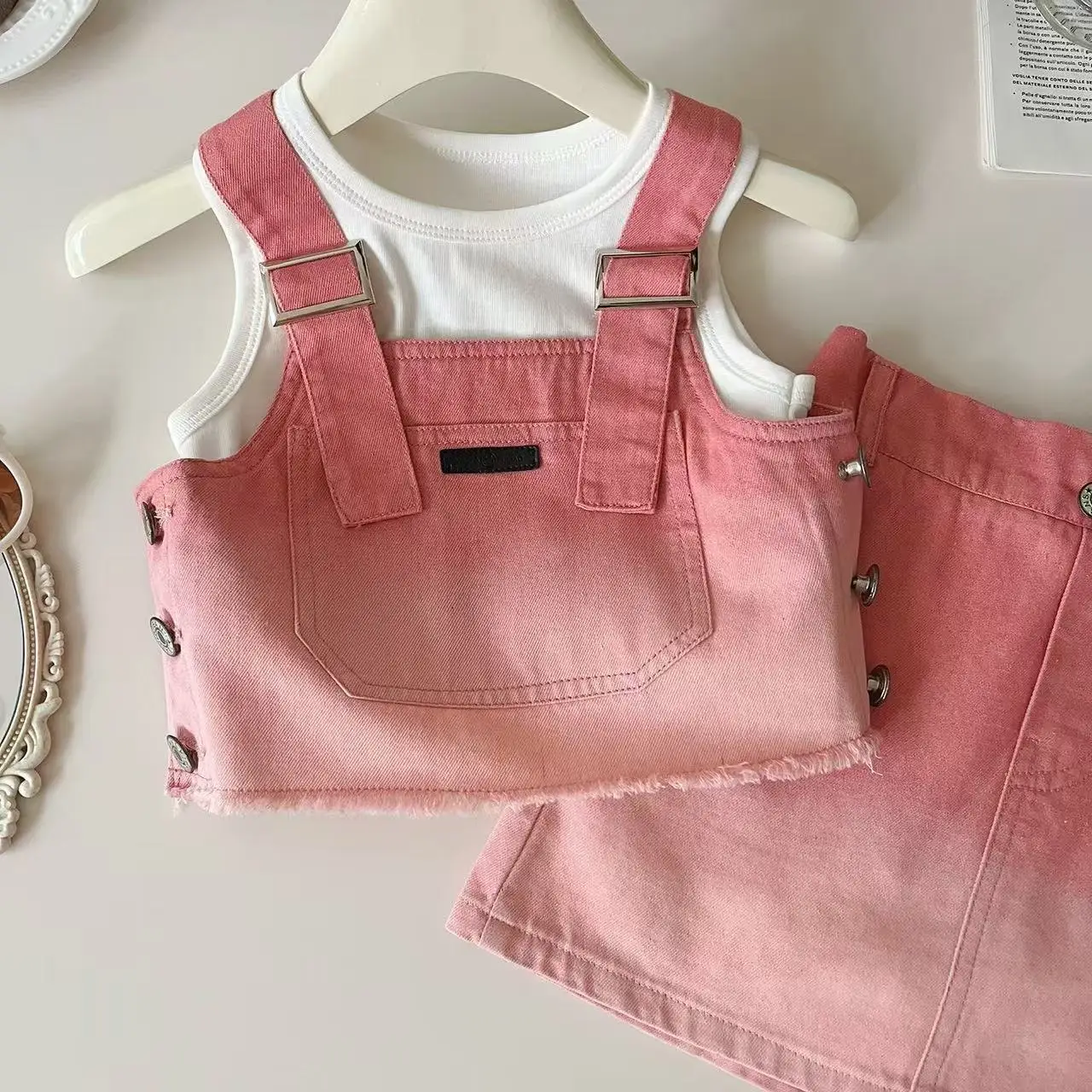 

Girls' Summer Denim Set 2025 New Fashionable Girls' Solid Color Casual Strap Skirt 3-Piece Set Children's Fashion