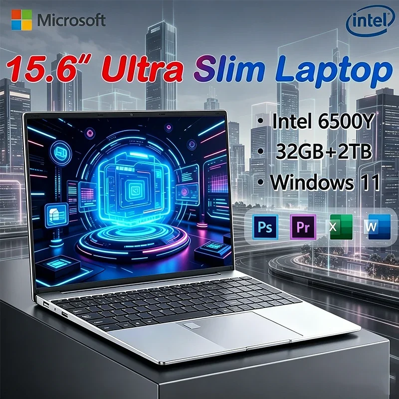 Lightweight 15.6" Laptop Intel 6500Y 32GB RAM 2TB SSD 5000mAh Windows 11 Backlit Keyboard Fingerprint for Business & Gaming