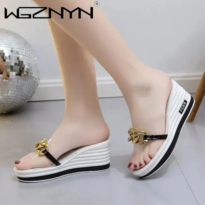 Women Wedges Mid Heels Slipper 2023 Summer New Chain Fashion Slides Transparent Sport Beach Dress Ladies Sandals Flip Flop Pumps