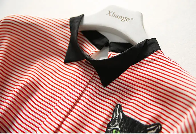 قميص شيفون للنساء جديد متعدد الاستخدامات نحيف ولطيف على شكل قطة بألوان متباينة وياقة صغيرة قميص مخطط بأكمام قصيرة