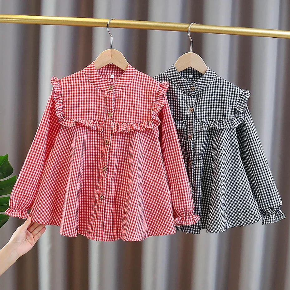 Girl's shirt Spring and Autumn children's long sleeved plaid shirt Youth casual bottom shirt 3-12 years old blouse  blouse