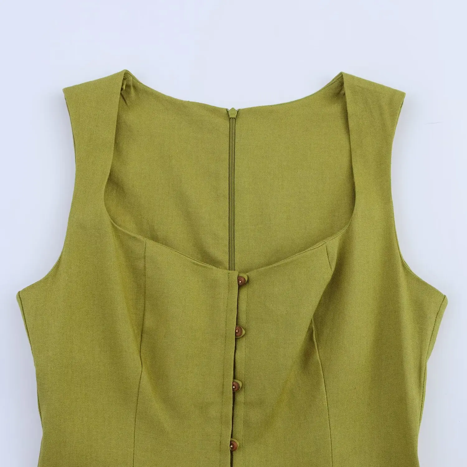 ETJ 2025 summer new  women's fashion sleeveless square collar multi-button decorative temperament simple MIDI dress