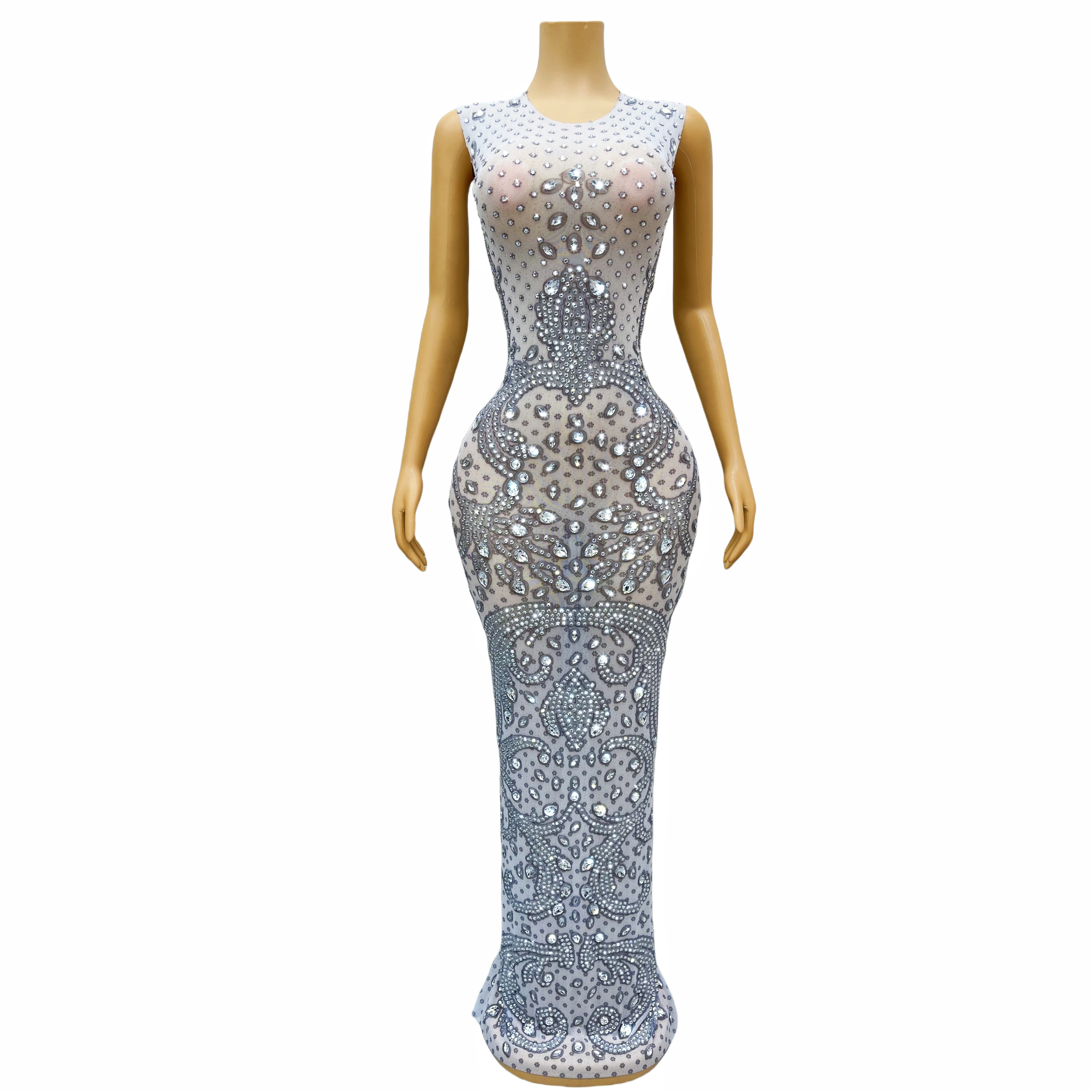 

New Designed Sparkly Silver Rhinestones Elegant Gown Cultivation Maxi Dress Evening Party Celebrate Outfit Stage Costume Yinghua