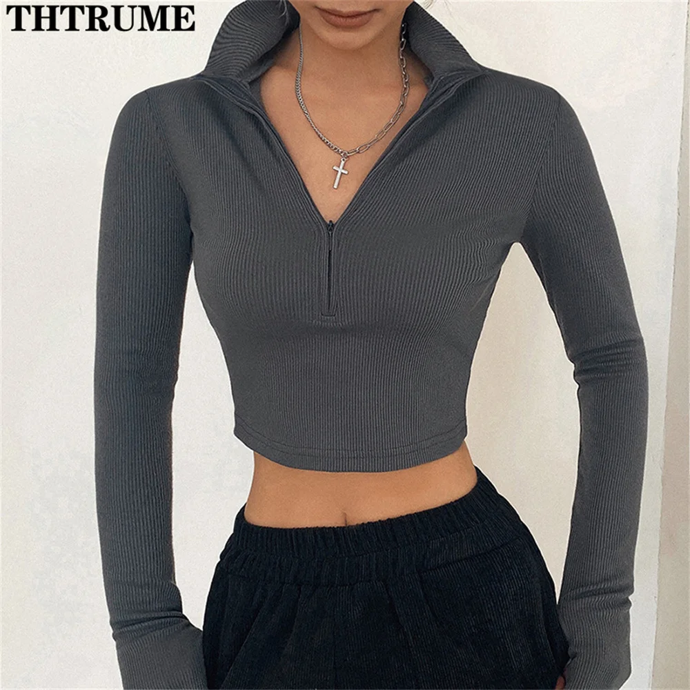 Donne Sexy Stand t-shirt moda manica lunga cerniera autunno inverno Y2K tinta unita Crop top Casual Office Lady Slim Chic Tees