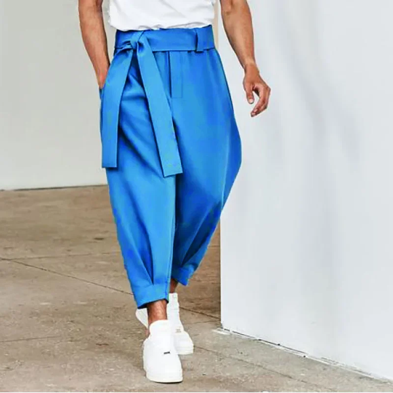 

Spring Men's Loose Solid Color 9/10 Pants Belt Drawstring Casual Pants Baggy Harem Pants Design Beach Vacation Trousers Trendy