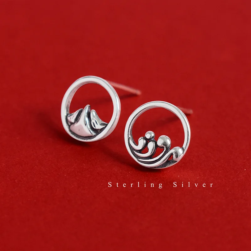 Vintage S925 Silver Ear Studs, Unique Unisex Earrings, Ocean Sworn Earrings for Couples