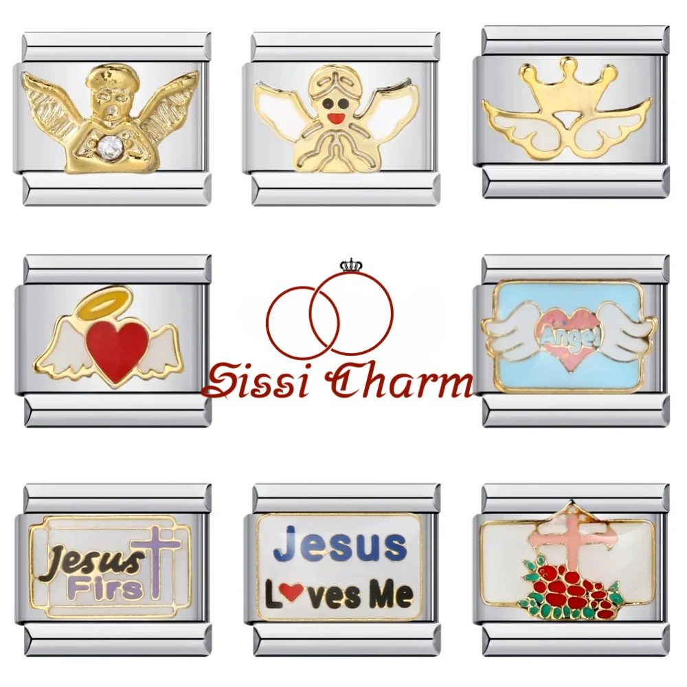 

SISSI Colorful Glaze Angle Wings Cross Jesus Charms Italian Links 9mm Bracelets Fashion Stainless Steel DIY Making Jewelry