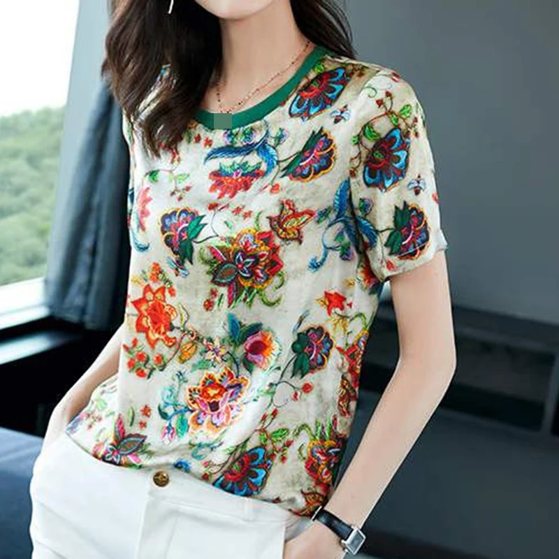 

Short-sleeved chiffon shirt summer new printed shirt loose fashion top women's tide korean women shirts Embroidery