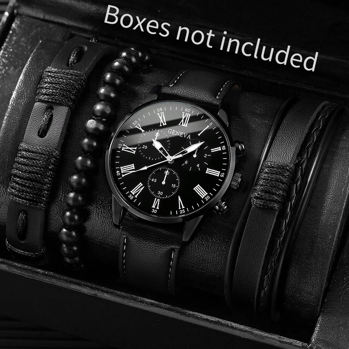 4PCS/Set Fashion Men's Business Watches Casual Leather Strap Quartz Wristwatches Vintage Bracelets Set Reloj Hombre（Without Box）