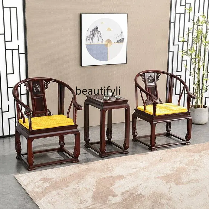 Royal Chair Sandal Wood Classical round-Backed Armchair Three-Piece Chinese Taishi Solid Wood Officer's Cap Chair