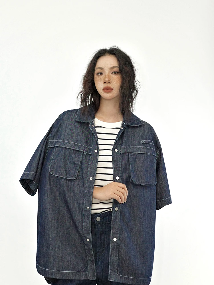 

Deep Blue Denim irt Loose Fit ort Sve Vintage Sle Couple's Summer Top Streetwear Cotton Blend Casual irt