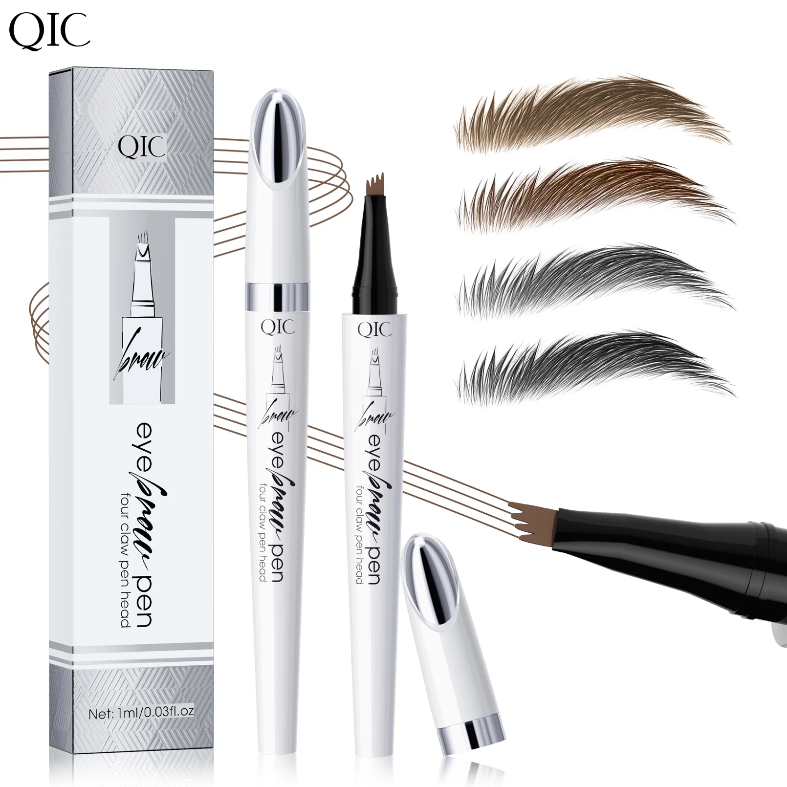 QIC Waterproof Microblading Eyebrow Pen - 4 Split Head, Natural Look Brow Makeup in 4 Colors for All Skin Types