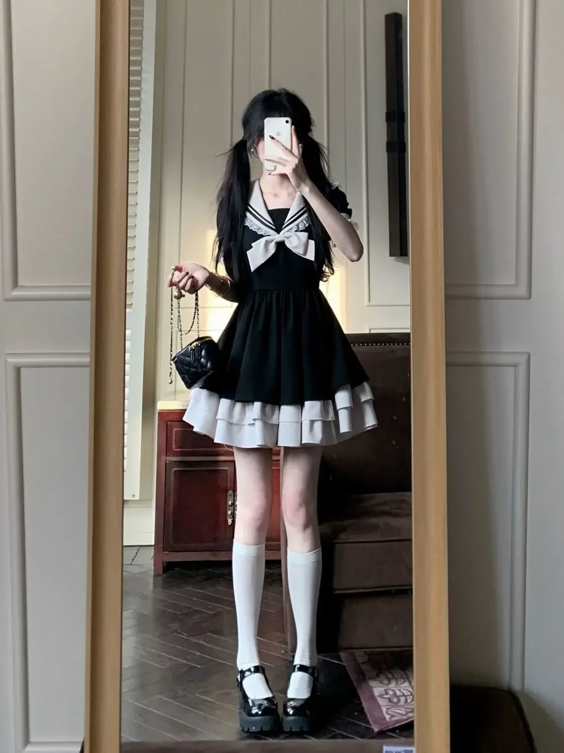 

Dr Women's School Sle Waist Cinching Slimming Bla Dr A-Line Midi Skirt 2025 new Summer Sweet Bow Tie Navy Collar Lace Trim