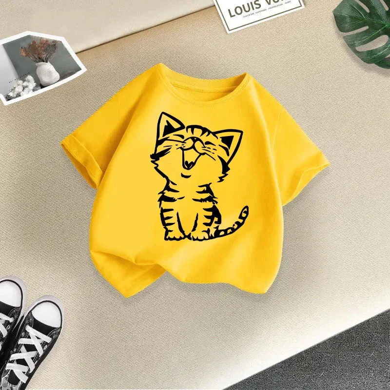 Summer New Cute Cat Animal Print Round Neck Short Sleeved Tee Shirt for Boys and Girls Fashionable and Simple Children's T-shirt