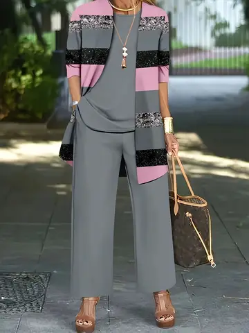 Women's Plus Size 1XL-5XL Fashion Three-Piece Outfit Set Ladies Casual Long Sleeve Cardigan Tank Top and Long Pants Outfits