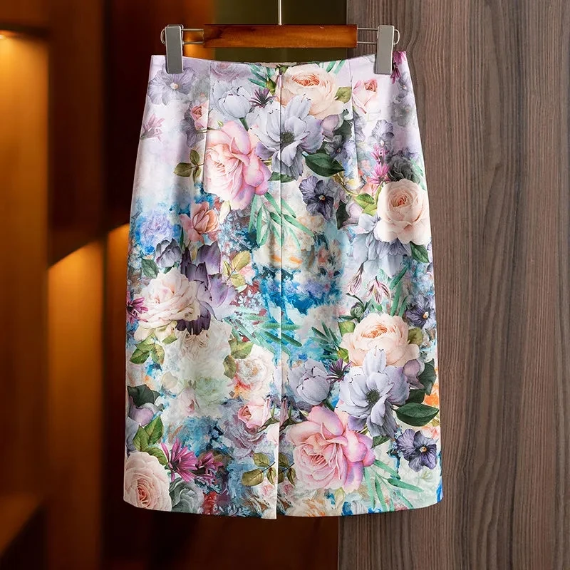 Skirts Womens 2023 Summer New Vintage Elegant Foreign Style Rose Print Skirts All-match Mid-length A-line Skirt Faldas Aesthetic