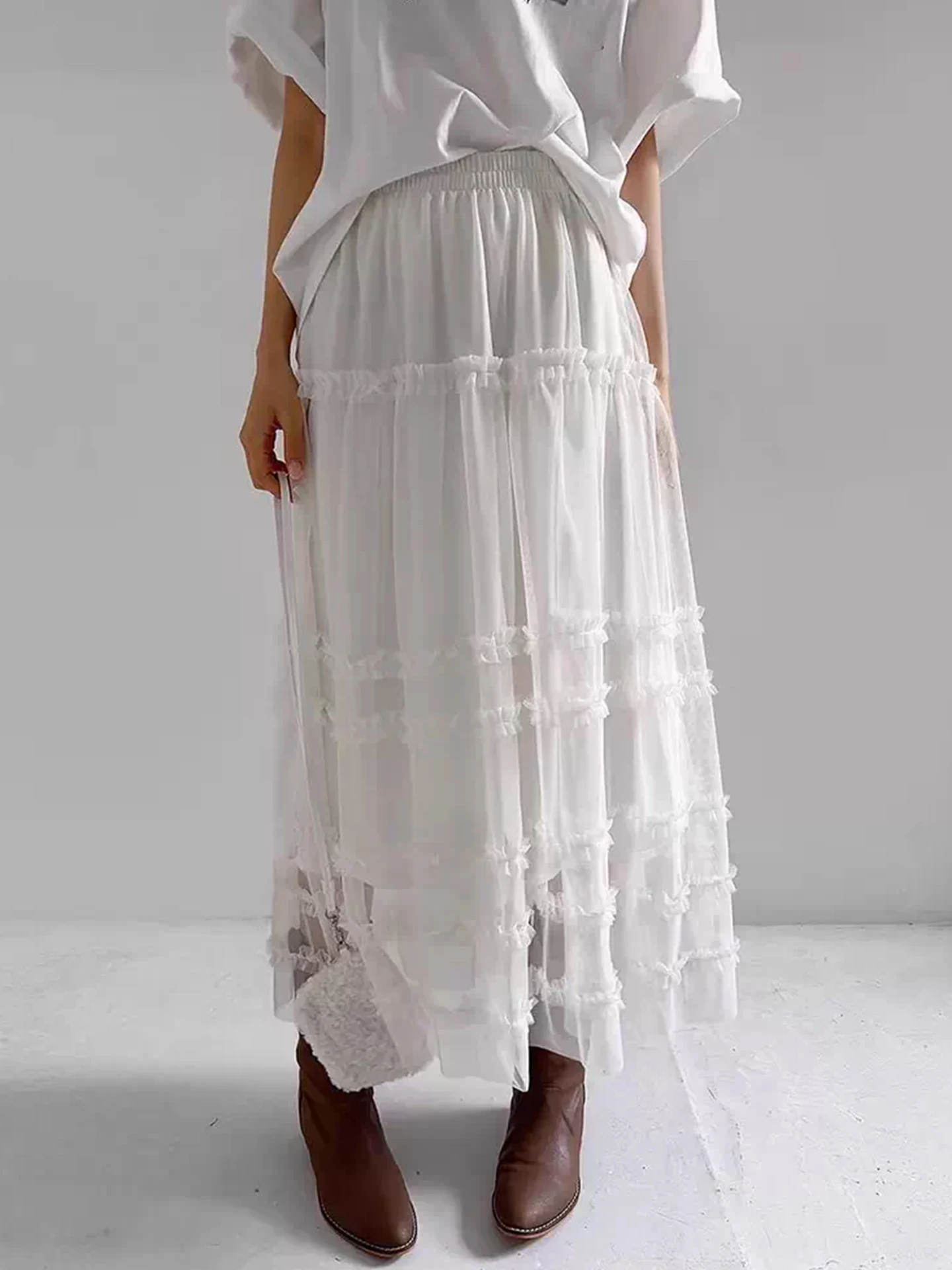 

Длинная женская юбка Liangliang Home: новая модель весенней коллекции, сетчатая, с эффектом древесной текстуры, на эластичной талии, в корейском стиле, для повседневной носки