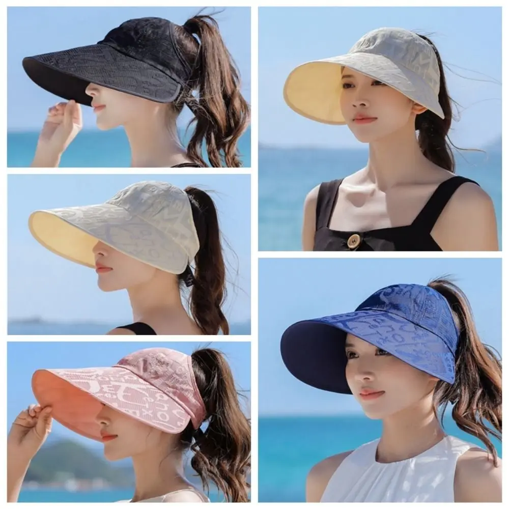 Stylish Letter Large Brim Sun Hat UV Protection Stripes UV Protection Hat Removable Breathable Sunscreen Bucket Cap Men