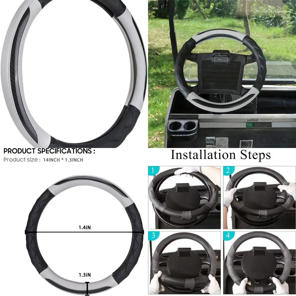 

Golf Cart Steering Wheel Cover for Club Car, Pu Leather Microfiber Anti Slip Steering Wheel Cover(Black Grey)