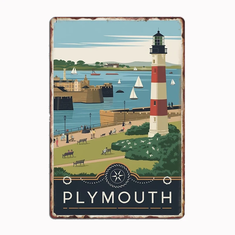 Plymouth Vintage Travel Poster Metal Sign Club Indoor Room Decor Custom Tin Home Wall Decor