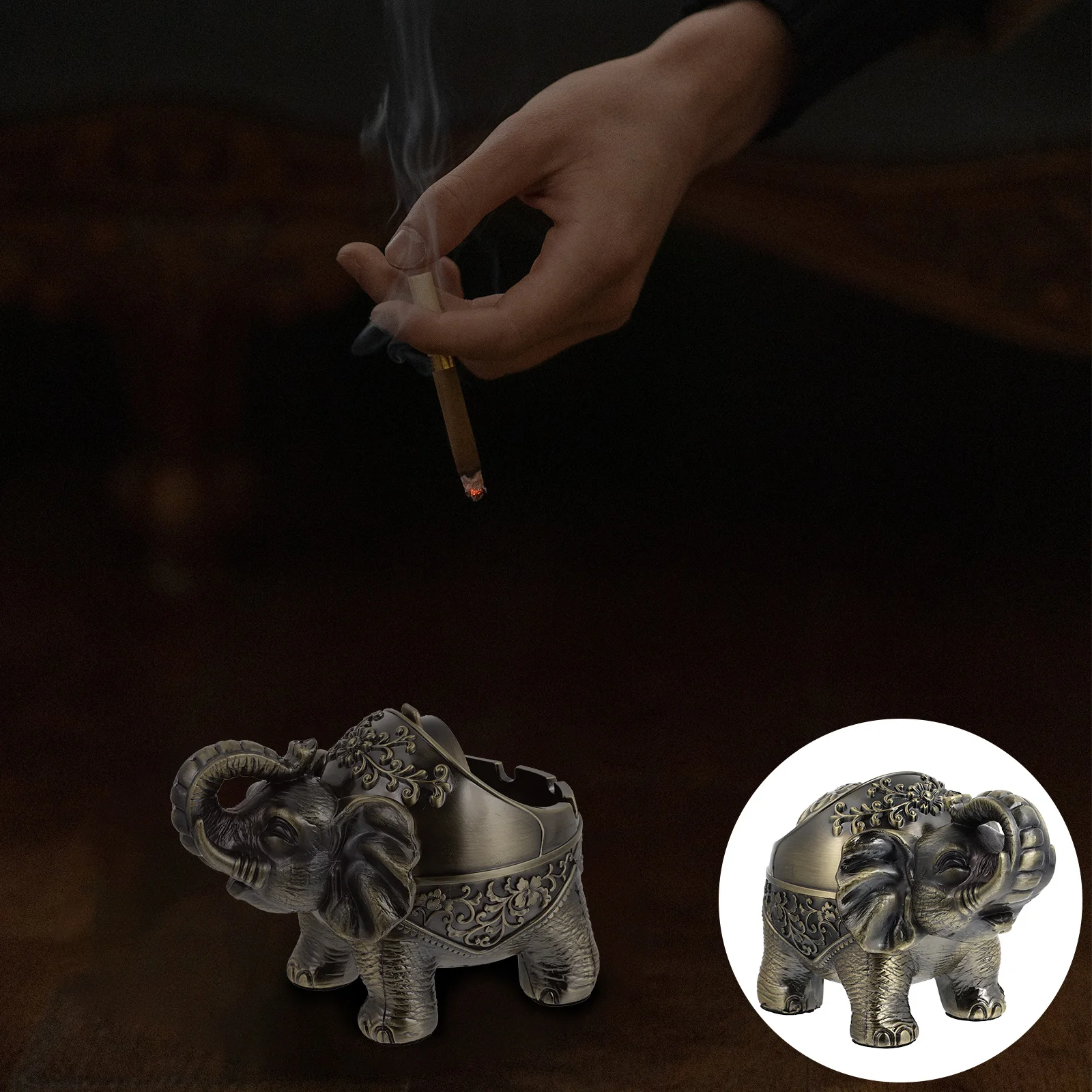 

Elephant Ashtray Zinc Alloy Retro Cigarette Holder Soot Container Animal Design Safe Windproof Home Office Display Gift