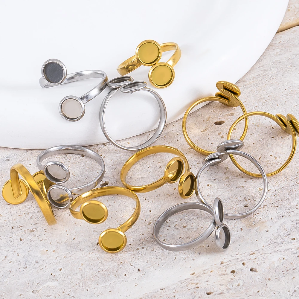 5pcs Stainless Steel Adjustable Double Bezel Rings Base Gold Plated Fit 6mm Cabochon Ring Setting Blanks Diy Jewelry Accessories view 5