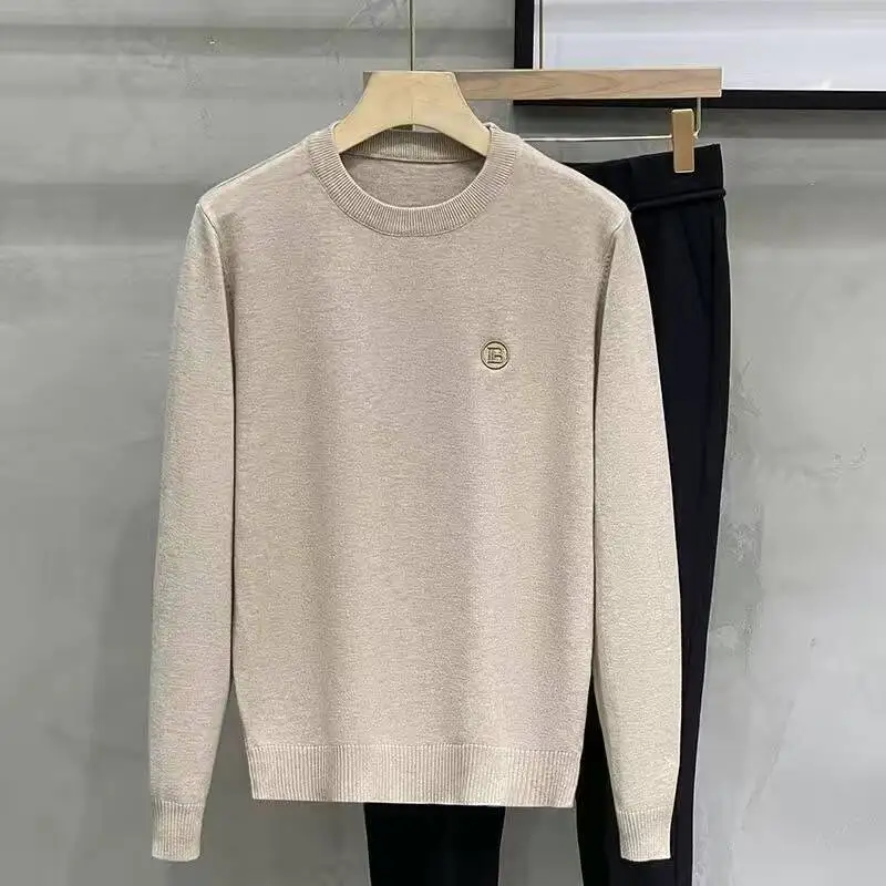 Solid Color Classic Casual Embroidery Letter Handsome Versatile Round Neck Slim Warm Comfort Men\'s Sweater Top Autumn New 2024