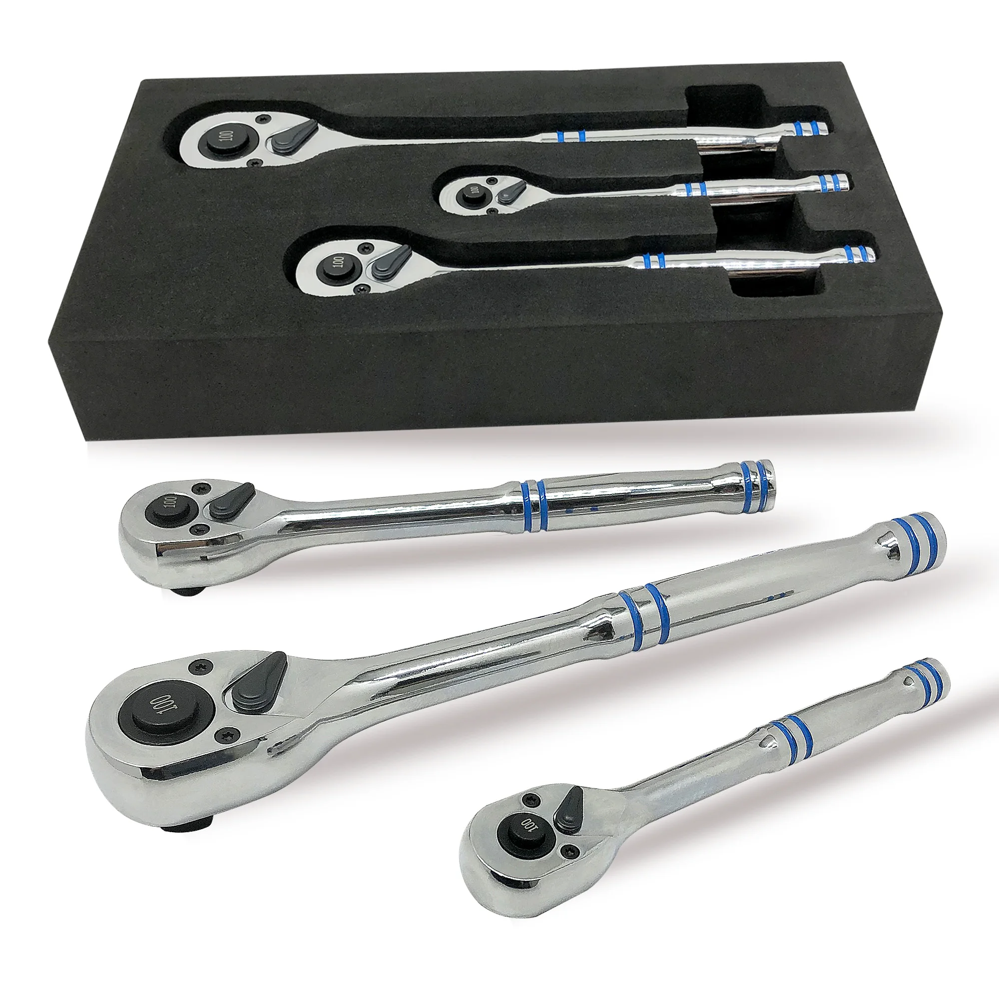 مجموعة مفاتيح ربط بسقاطة سريعة التحرير 100 سن، 1/4 بوصة، 3/8 بوصة، وسقاطات محرك 1/2 بوصة، أرجوحة 3.6 درجة، فولاذ CrMo، 3-P