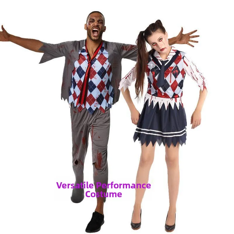 

Halloween Costume Bloodstained Uniform Set Cosplay Outfit Zombie Student Clothes Men's Women's Student Attire Zombie Suit