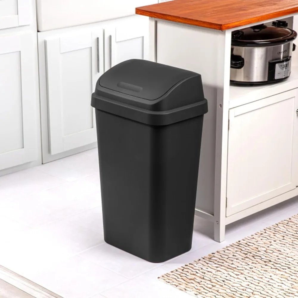 

4-Pack Swing Top Wastebasket, Sleek Square Profile Trash Can, 13 Gallon, Black - Modern Garbage Bin for Kitchen