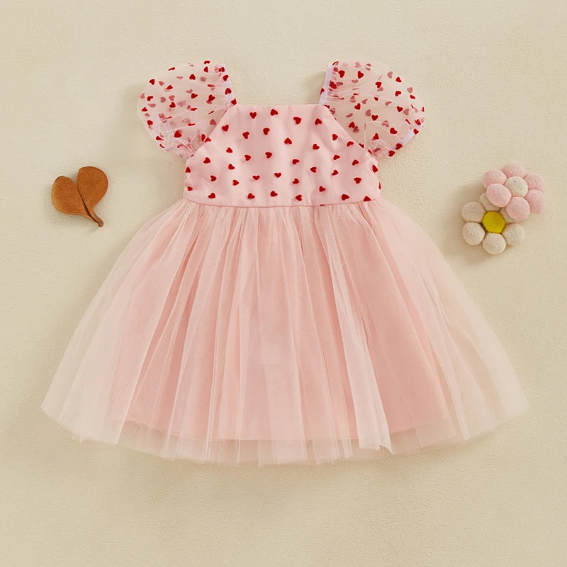 Tregren Infant Baby Girl Tulle Princess Dress Cute Puff Sleeve Square Neck Heart Print A-Line Mesh Toddler Dress Valentine's Day