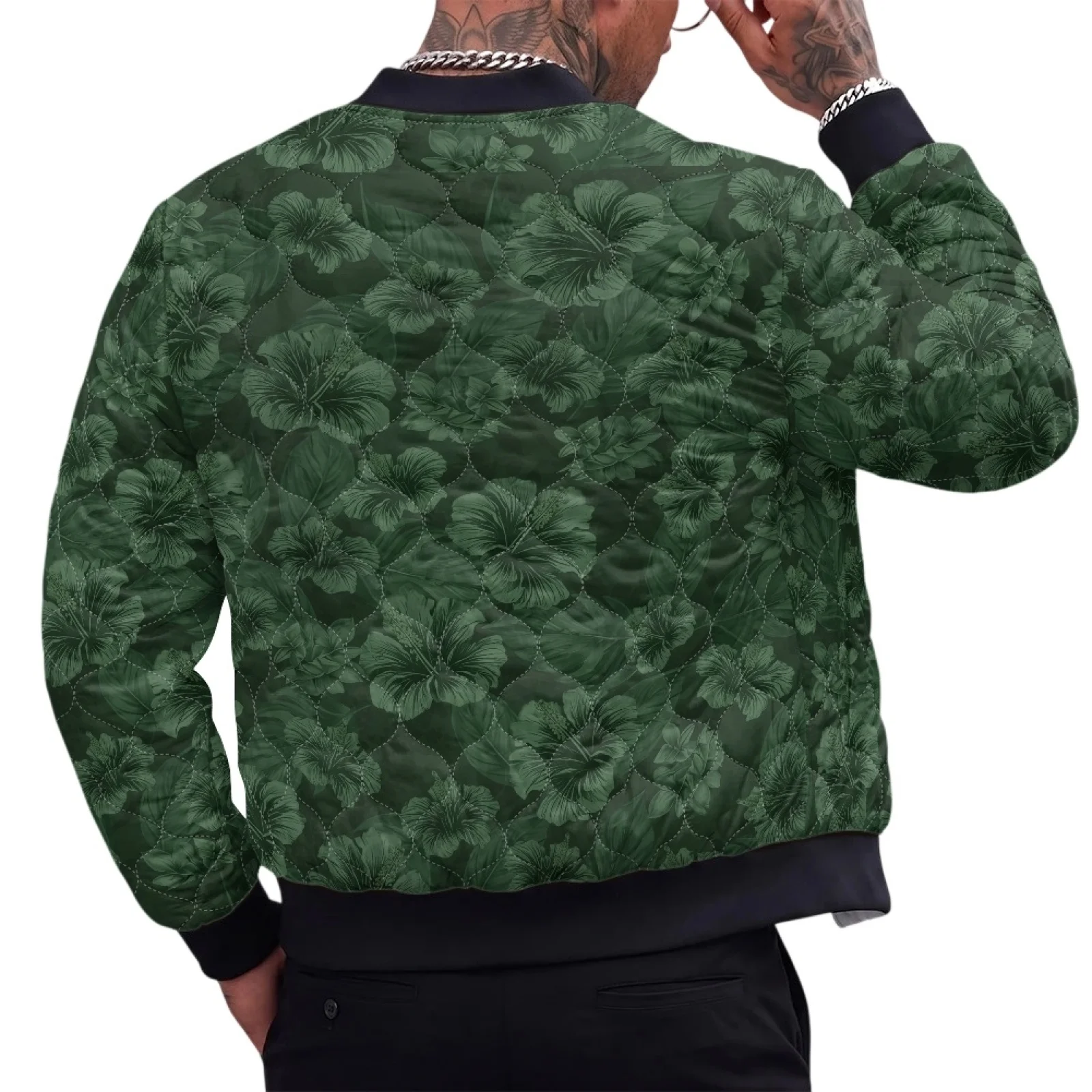 PENSTROLL Green Floral Print Lightweight Warm Padded Bomber Jacket for Men Comfortable the Quilted Liner for Commuting