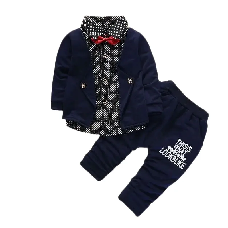 Spring and Autumn New Boys' Dot Colored Bow Knot Long Sleeve Pants Gentleman Two Piece Wedding Flower Children Polo Set for 1-5Y