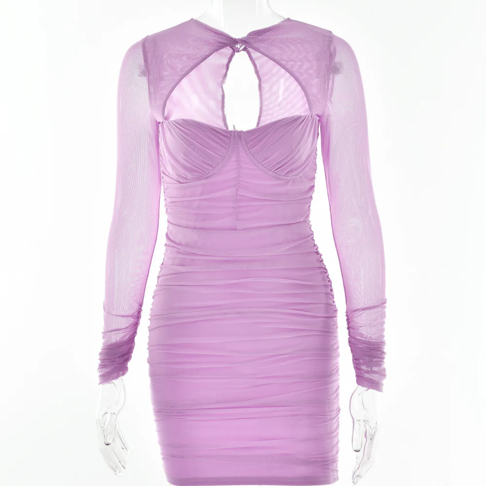 2025 Sommer Neues, aushöhlen, tief ausgeschnittenes, sexy, transparentes, langärmliges, figurbetontes Kleid für heiße Mädchen