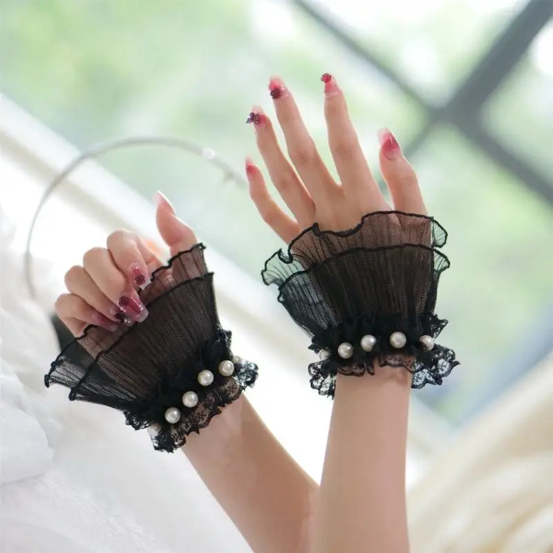 31BF Decorative Hand Sleeves Ruffle Lace Cuff Covers Arm Sleeves With Pearls Decors