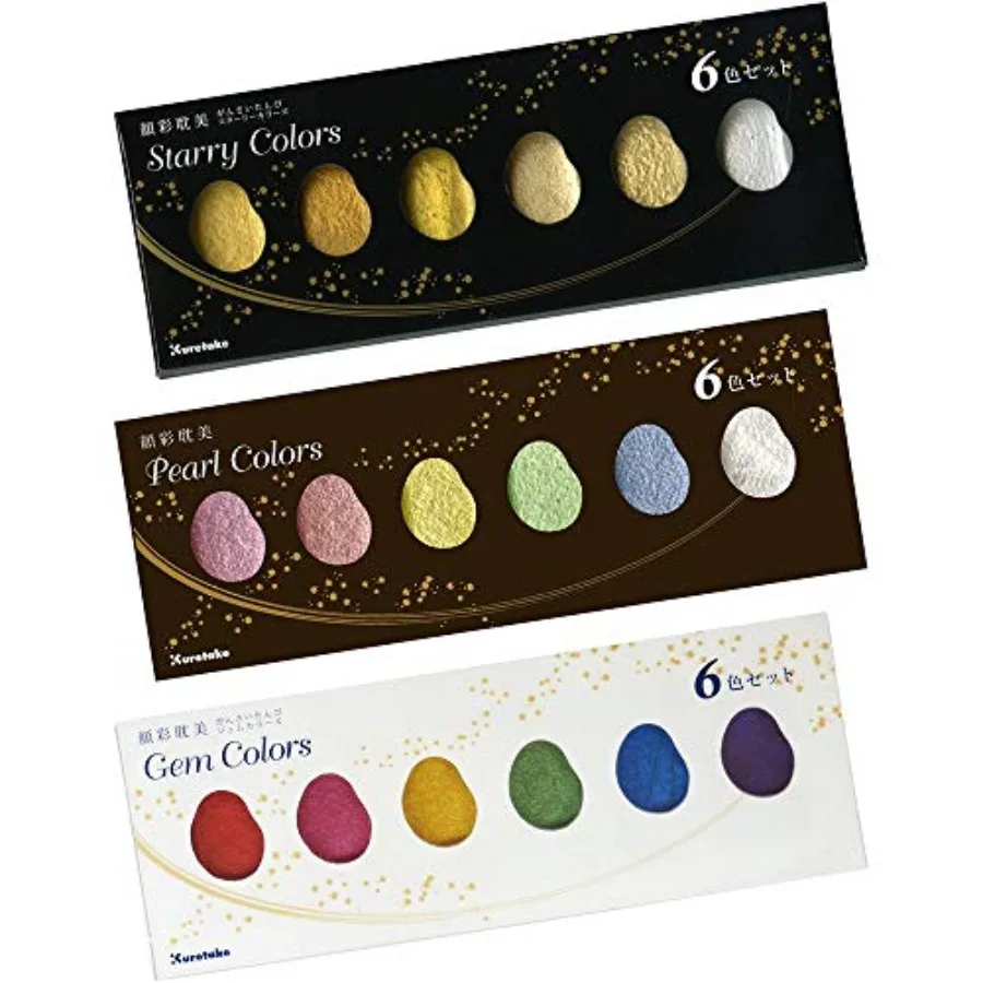 

GANSAI TAMBI 6 colors, 3 pack set, STARRY, PEARL, GEM, Watercolor Paint Set, Gold, Silver, Glitter, for Professional, Artist, M