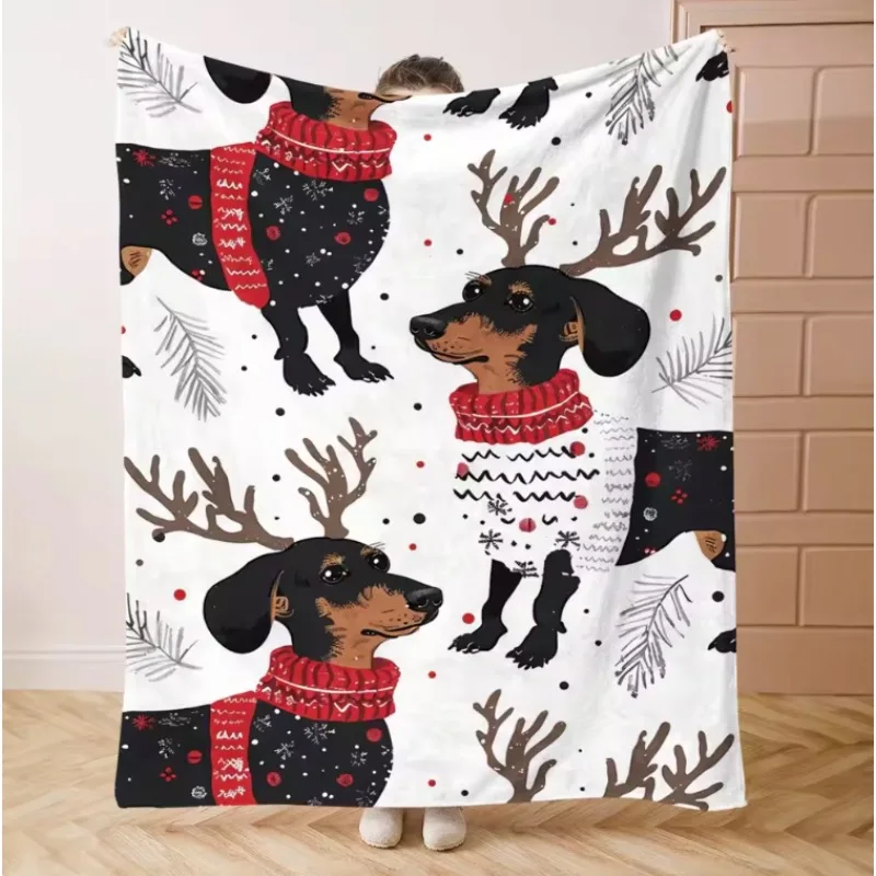 Manta navideña de deleite de perro salchicha con diseño festivo de renos y perros, regalo de decoración del hogar de Año Nuevo