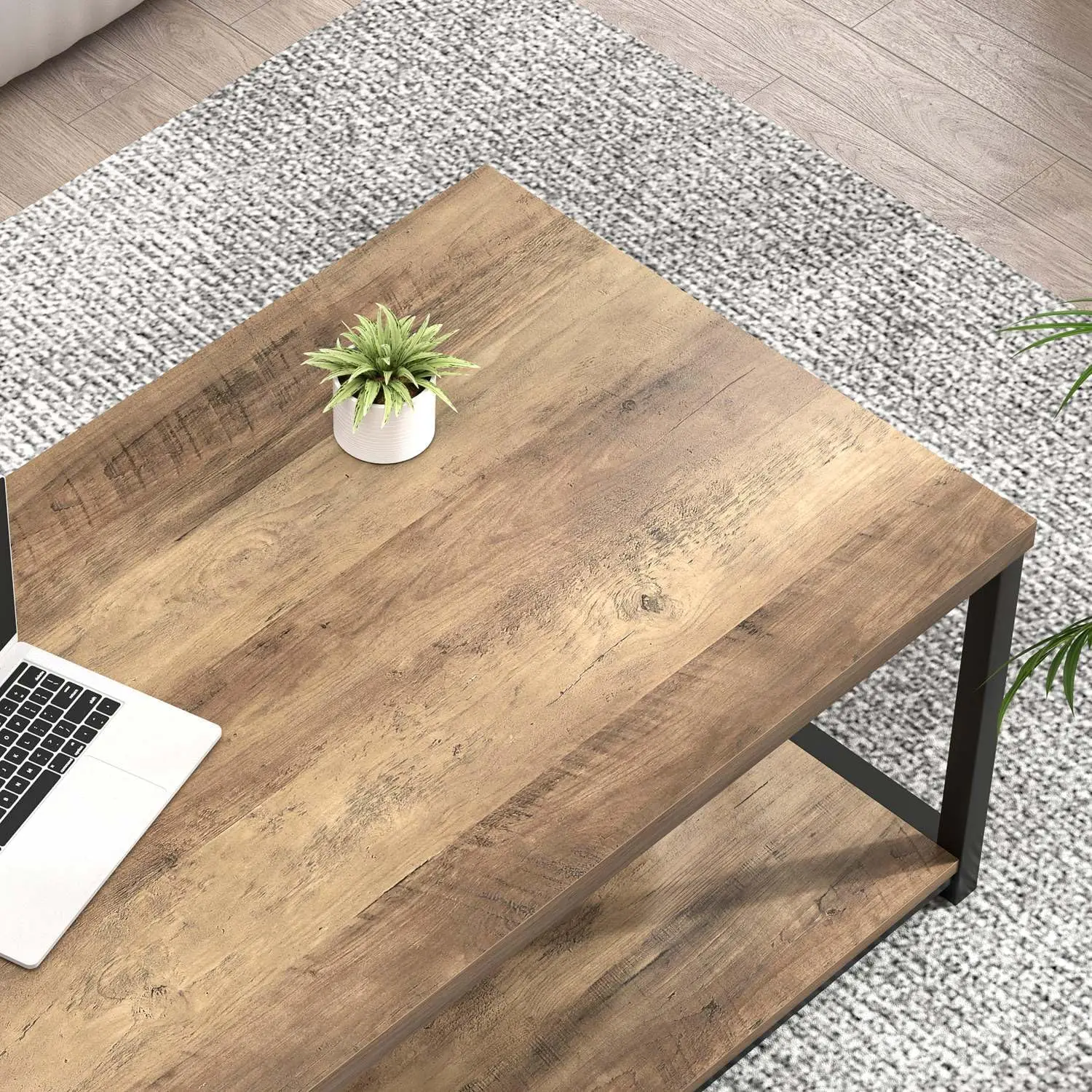 Foluban Coffee Table With Storage Shelf, Modern Industrial Metal And Wood Living Room Table, Small Rectangle Cocktail Tea Table