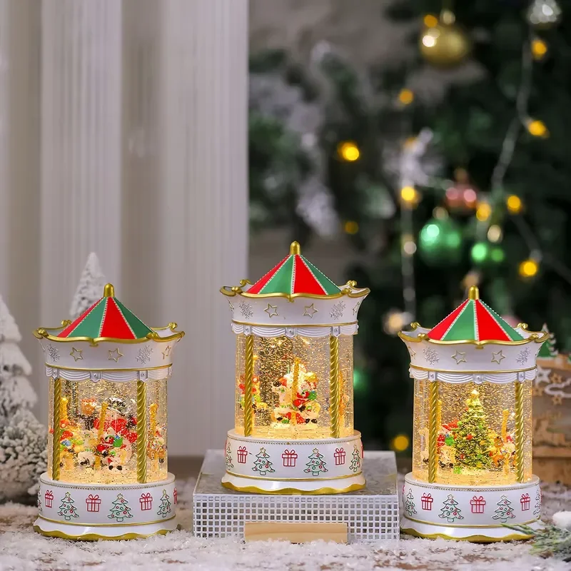 Rechargeable USB Christmas Carousel Snow Globe with Music LED Light Water Filling Rotating Ornament for Holiday Tabletop Home