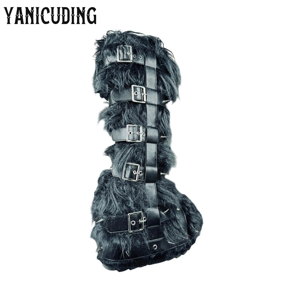Fuzzy Monster Wedge Boots Belt Buckle Platform Furry Boots Metallic Studded Punk Style Knee-High Boots Faux Fur Warm Winter Boot