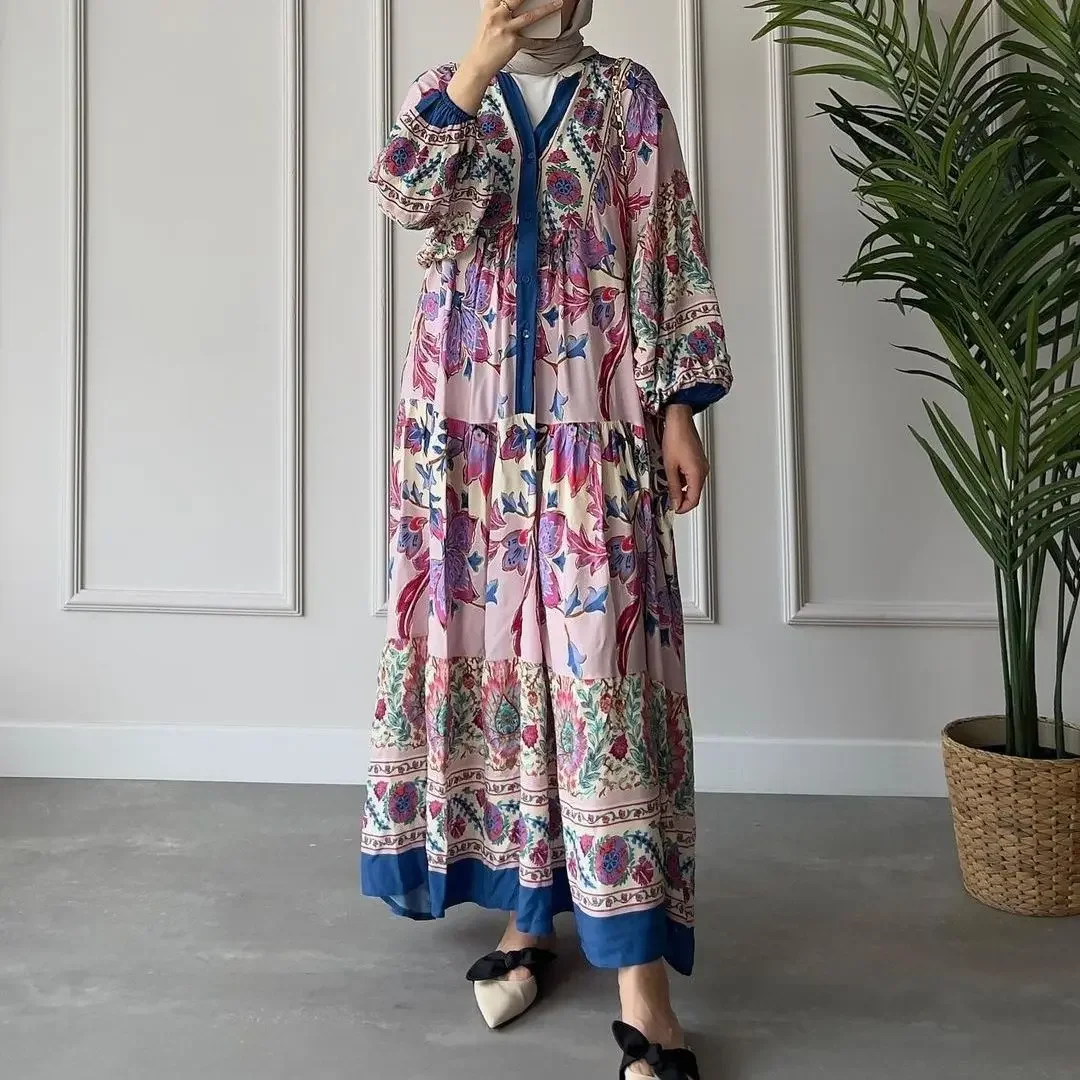 Vintage Print National Style Jalabiya Femme Robe Muslim Dress Long-sleeved Stand Collar Dubai Abayas for Women Islam Clothing