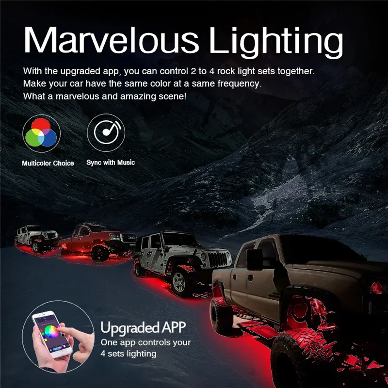 

MICTUNING CM Upgraded 8 Pods RGB LED Decorative Lamps Rock Lights with Wireless APP Controll Music Mode Multicolor Neon Lamp Kit